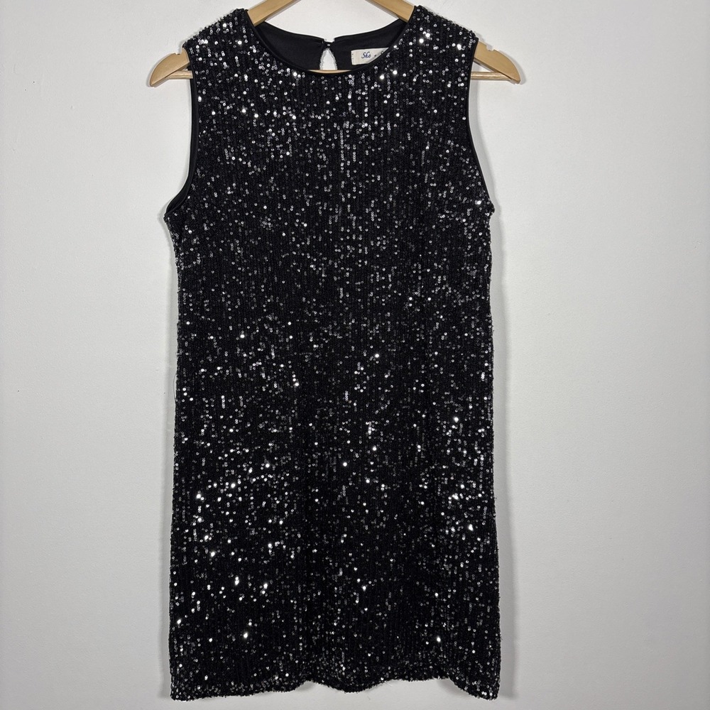 She + Sky Sequins Sleeveless Sheath Dress Black & Silver Medium Party Sparkly